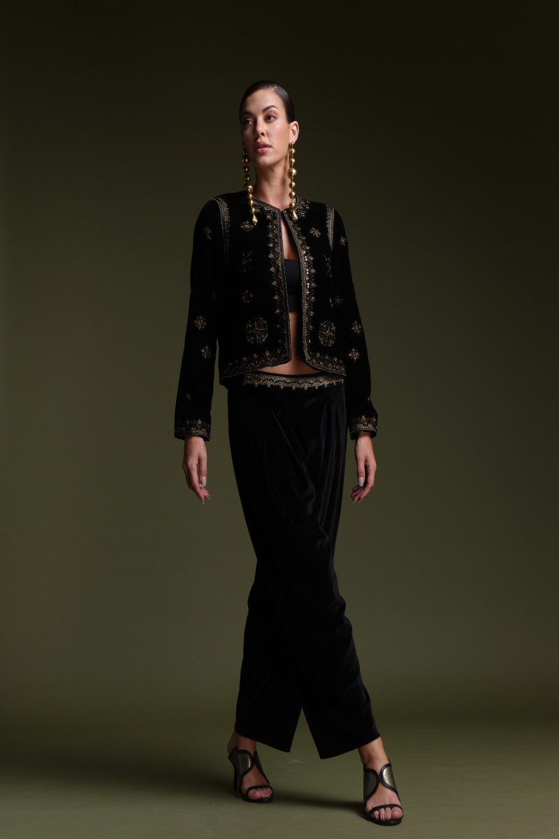 velvet- embroidered(round neck), embellished co-ord set