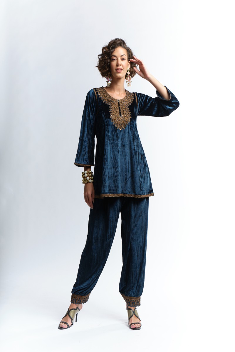 velvet  embroidered kurti paired with matching pants 