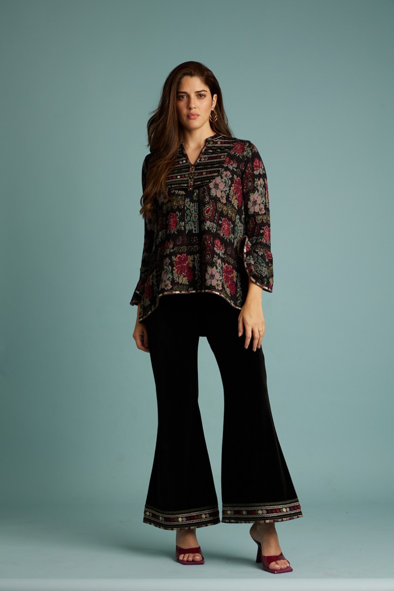 jacquard knitted embroidered bell sleeved top, paired with velvet embroidered hipster pants.