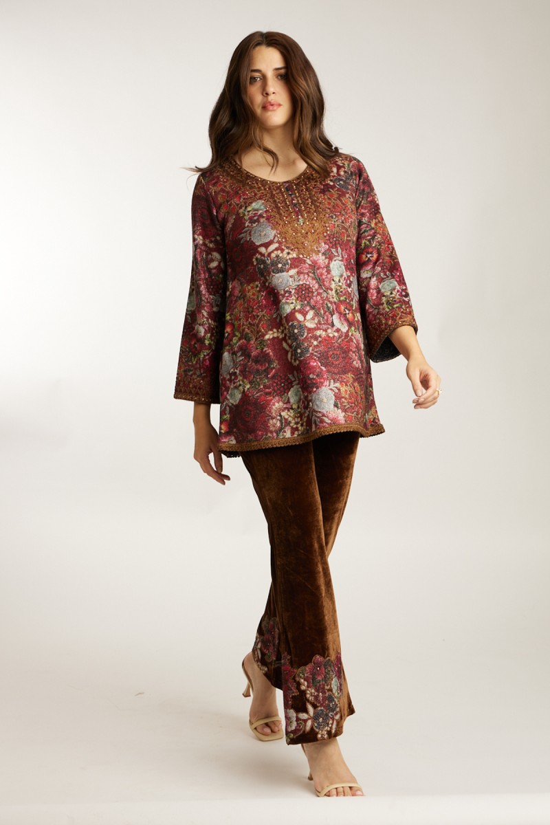 knitted, printed, embroidered kurti paired with velvet pants