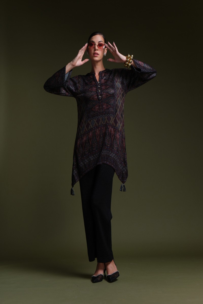 knitted lurex printed asmmetrical kurti  set 