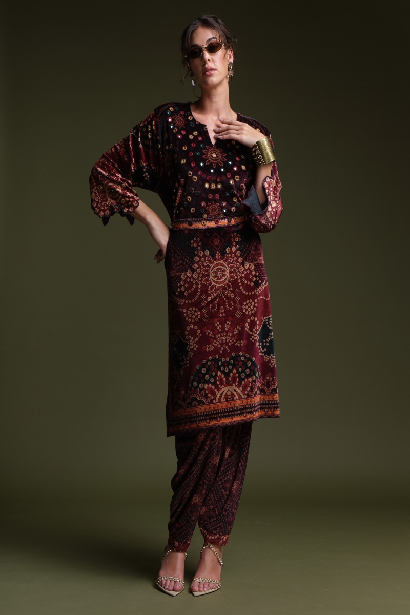 bandhani velvet printed kurti set