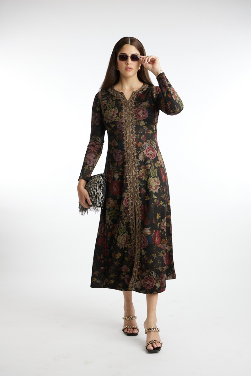 long knitted lurex printed maxi embroidered dress