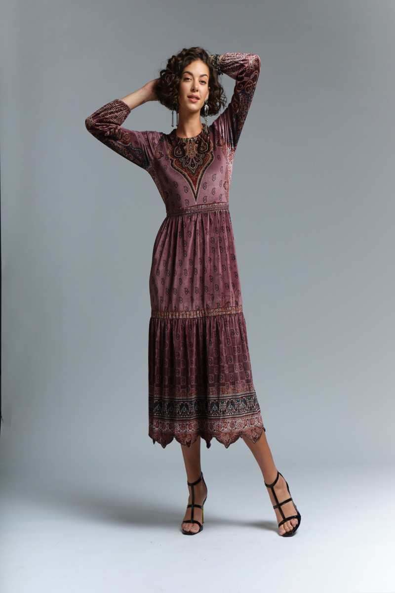 printed velvet maxi- layered dress with hand embellishment.