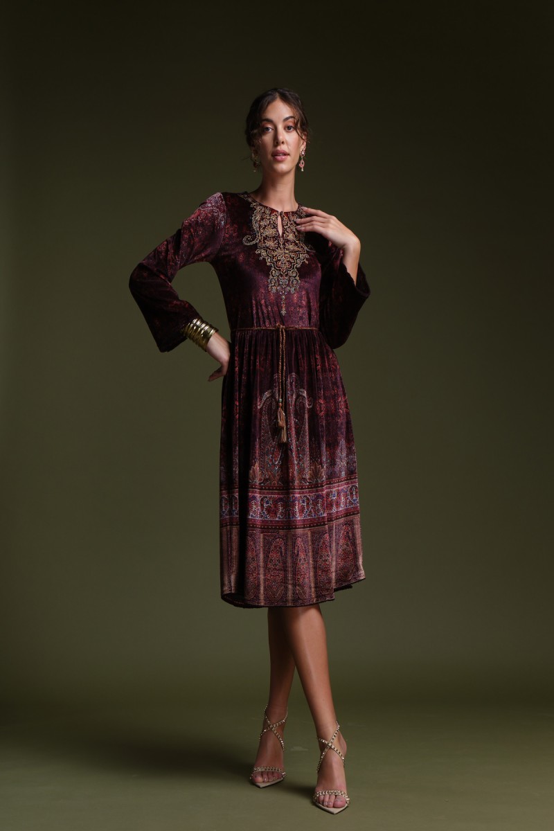 printed velvet maxi- layered dress with aari embroidery.