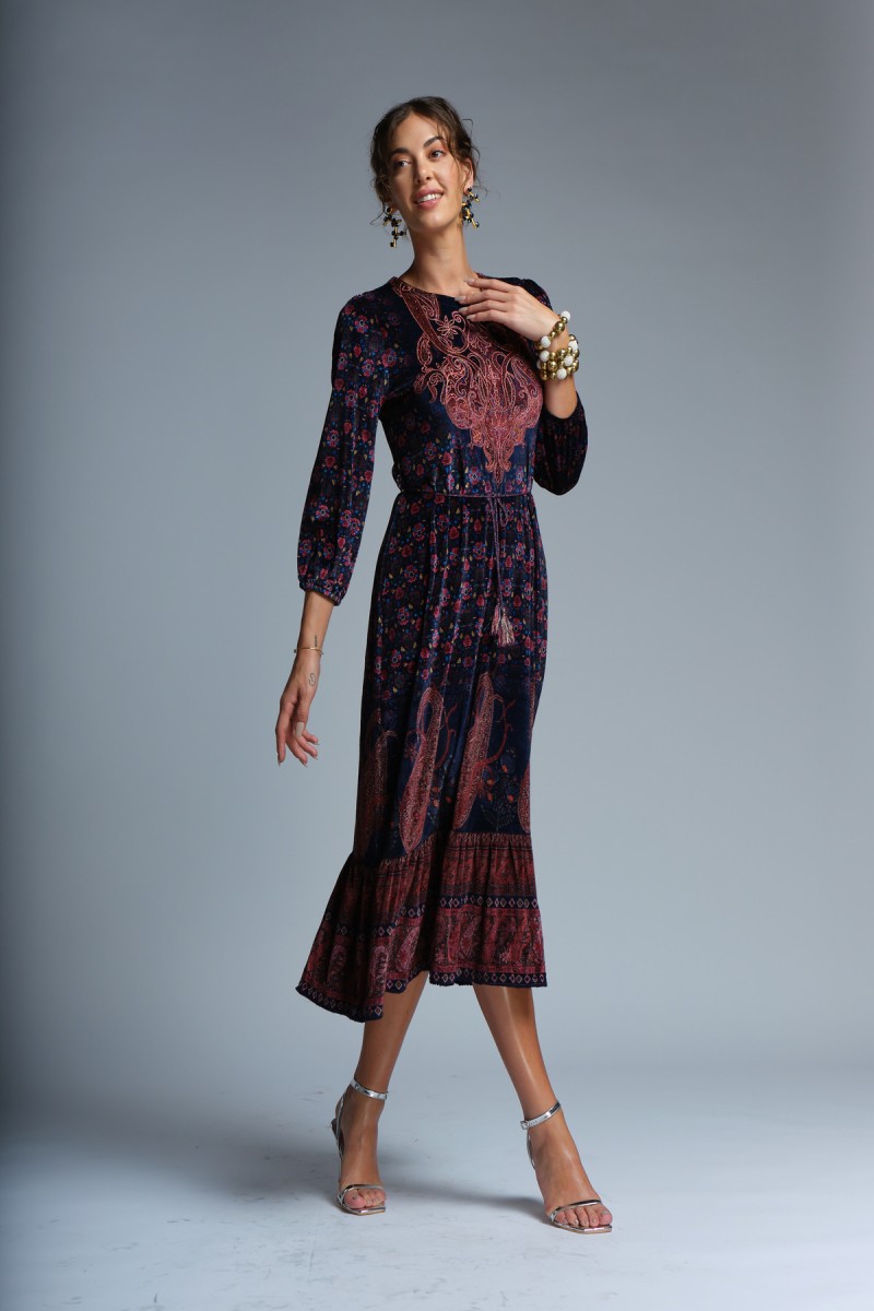 printed velvet maxi- layered dress