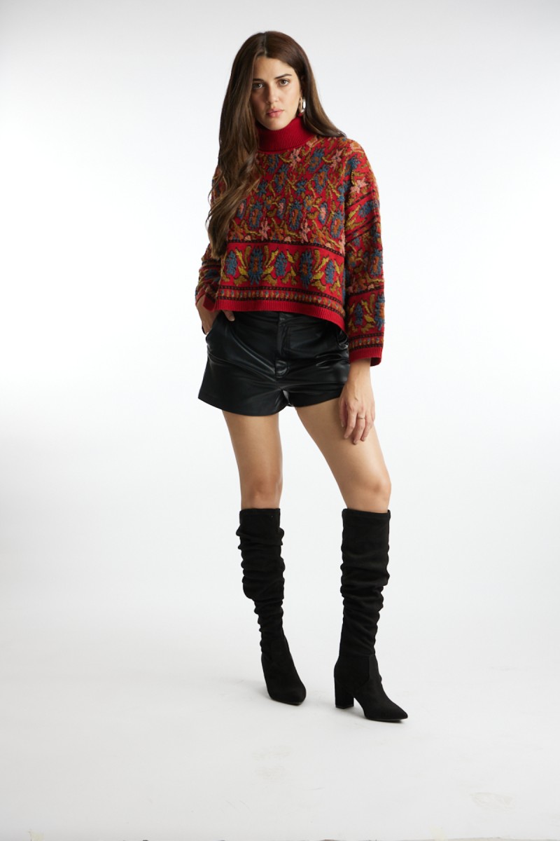 PLUSH KNIT FLORAL JACQUARD PONCHO 