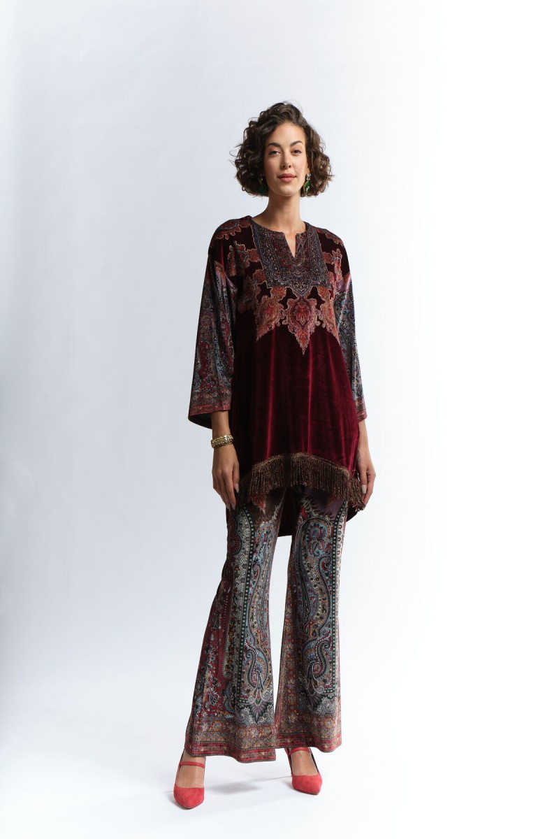 velvet printed embroidered kurti paired with velvet printed hipster pants 