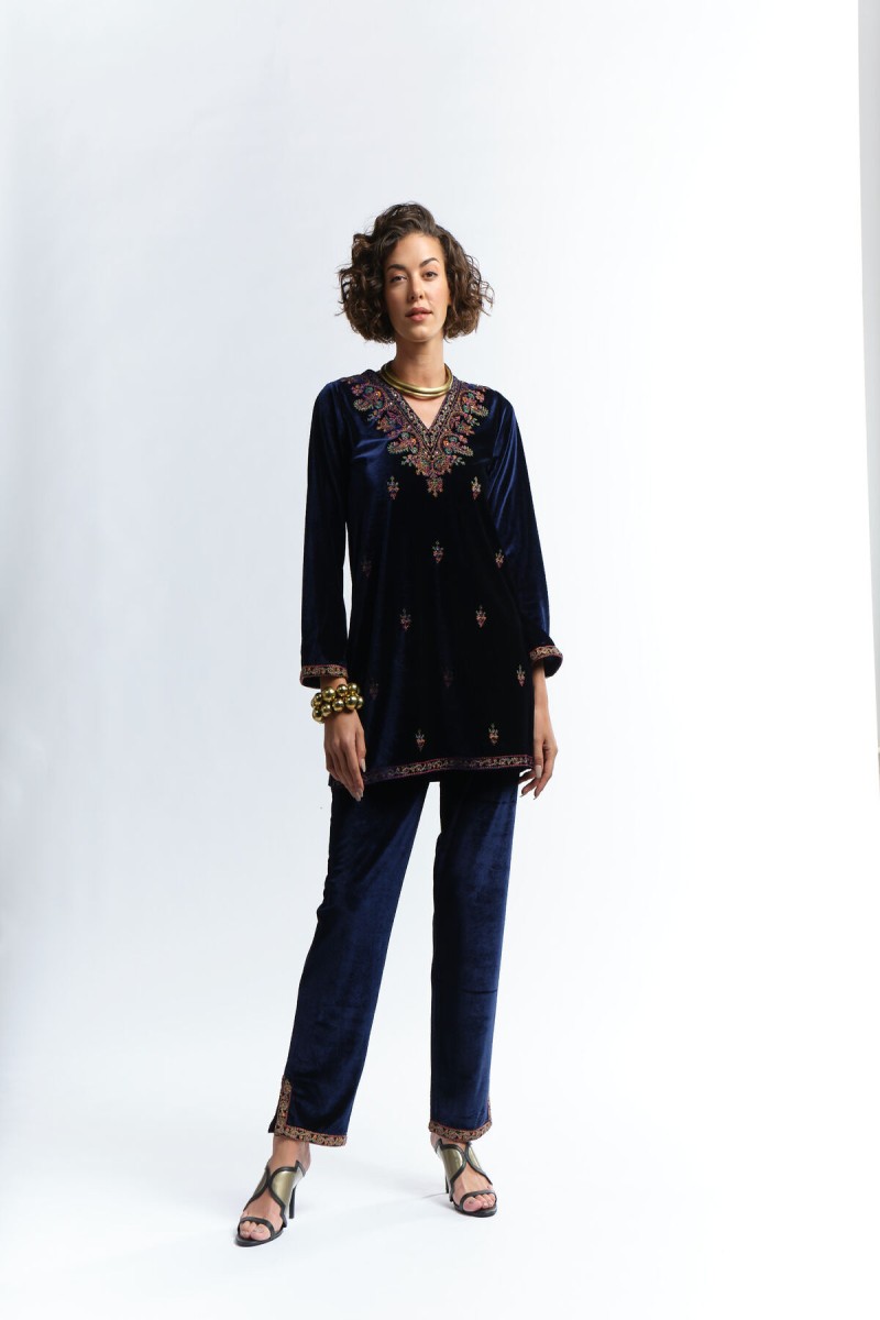 multicoloured embroidered velvet kurti set 