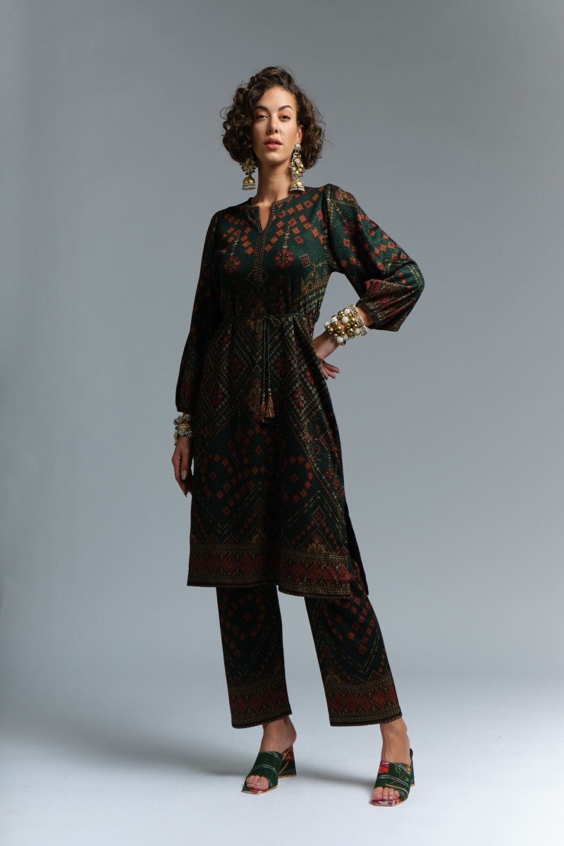 printed knitted lurex kurti set