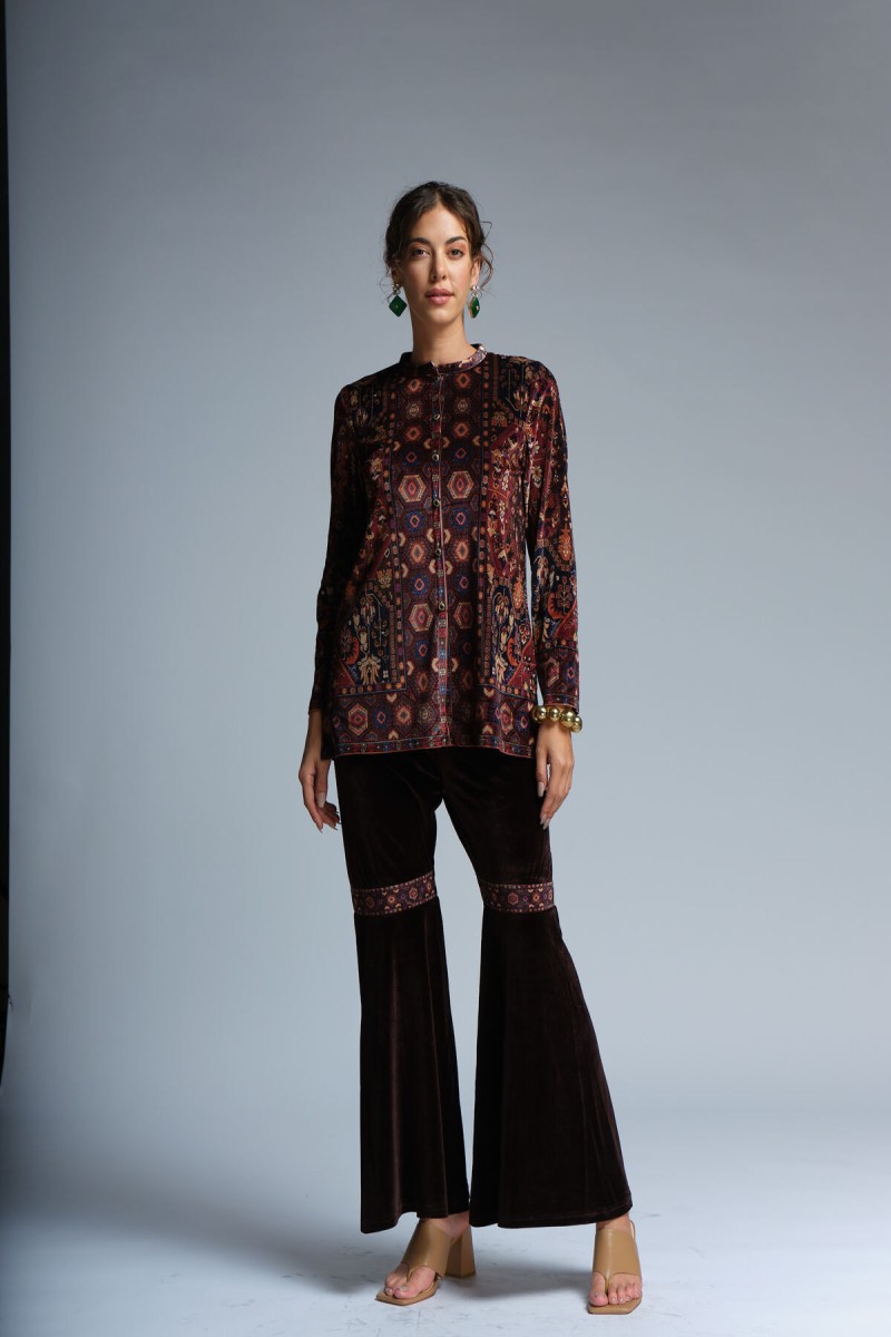 velvet printed front open top paired with sharara velvet pants.