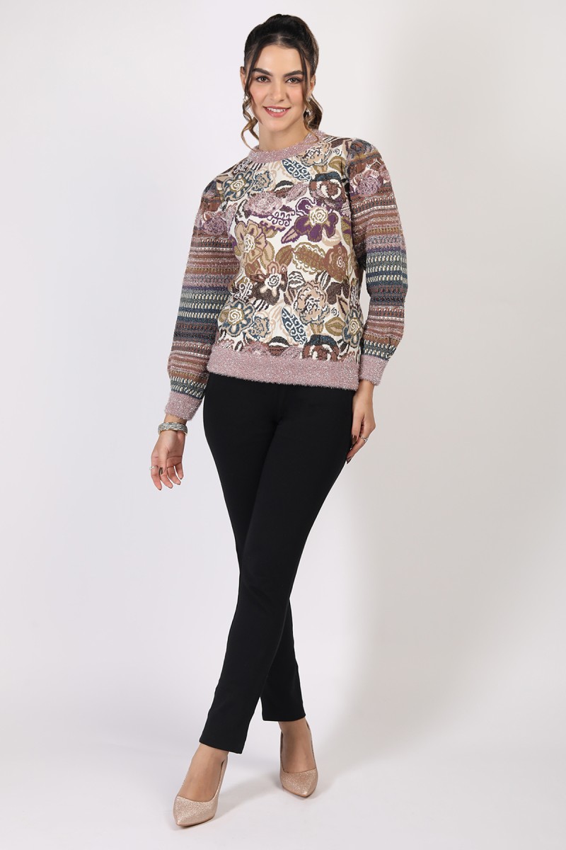 FLORAL JACQUARD KNITTED TOP WITH METALLIC YARN 