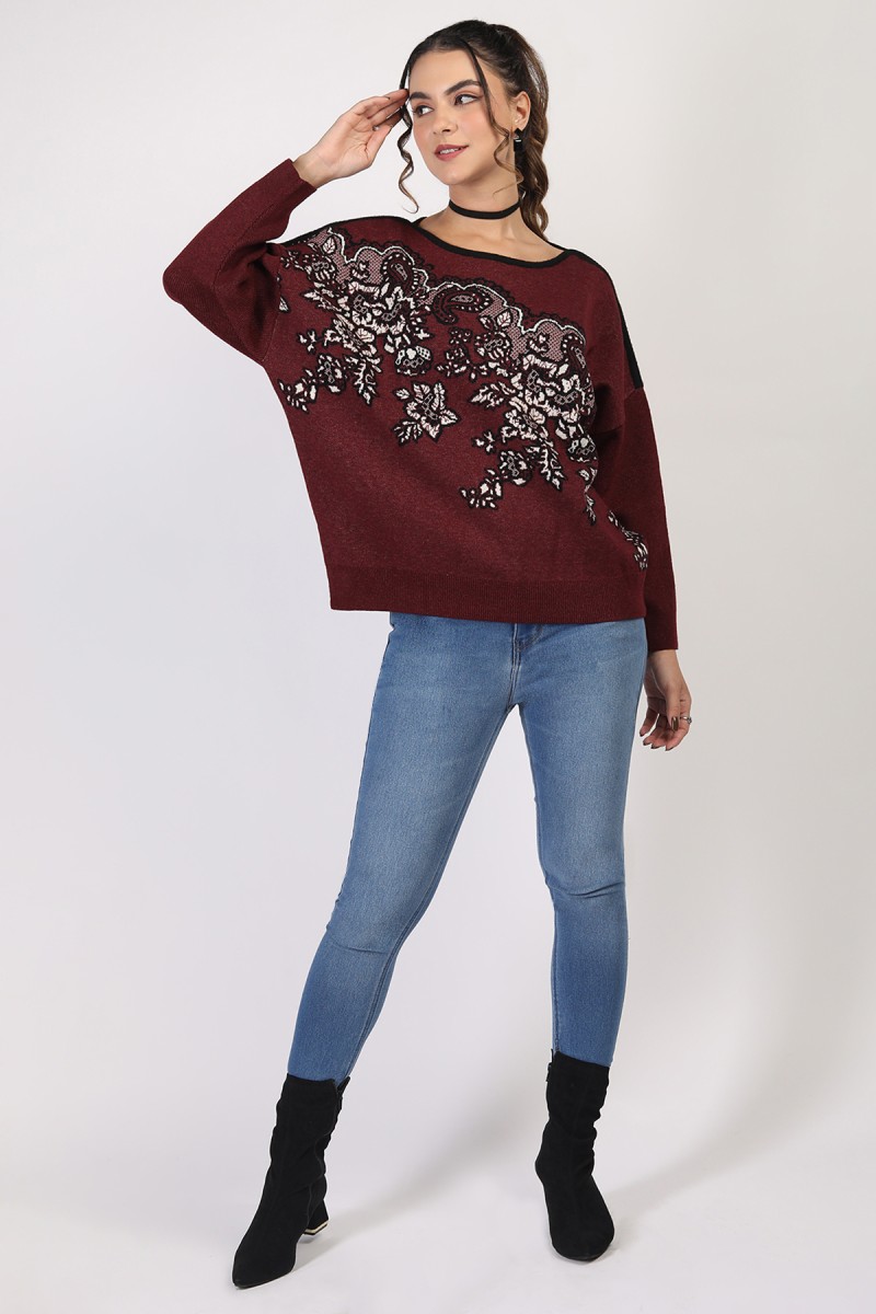 FLORAL LACE JACQUARD DOLMAN SLEEVES TOP