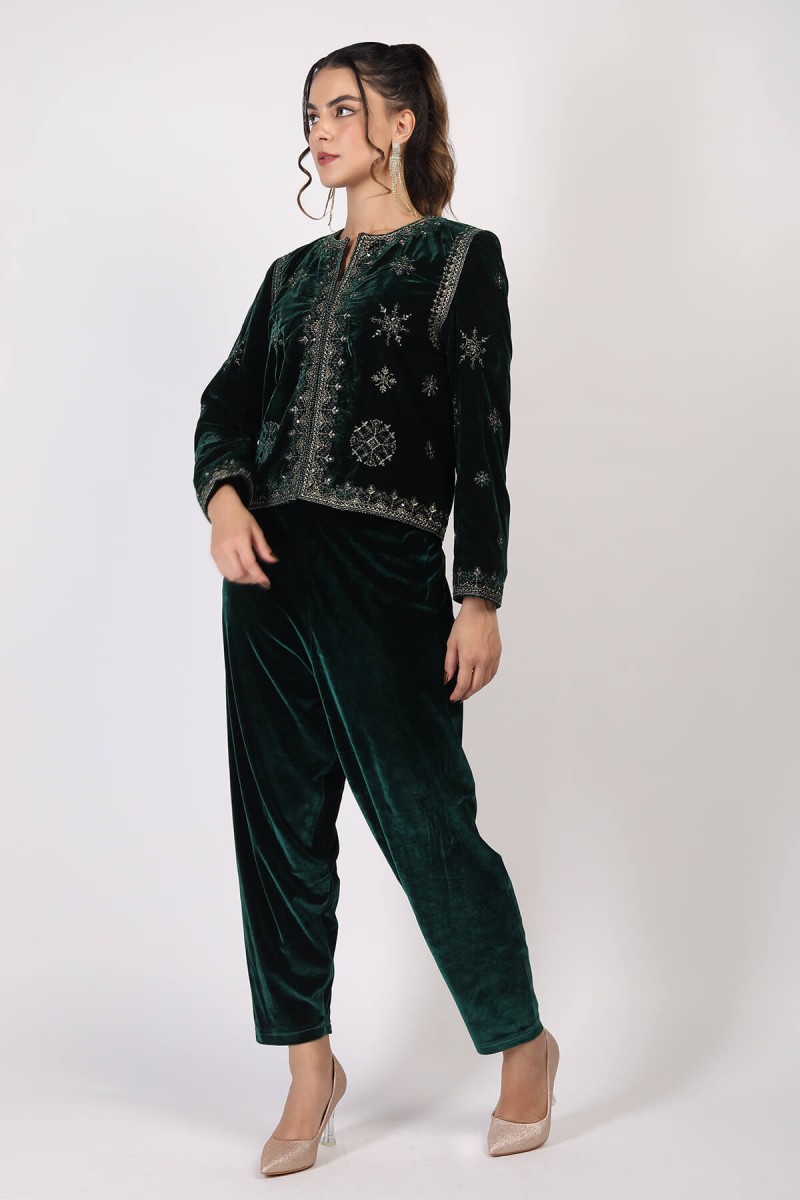 velvet- embroidered(round neck), embellished co-ord set