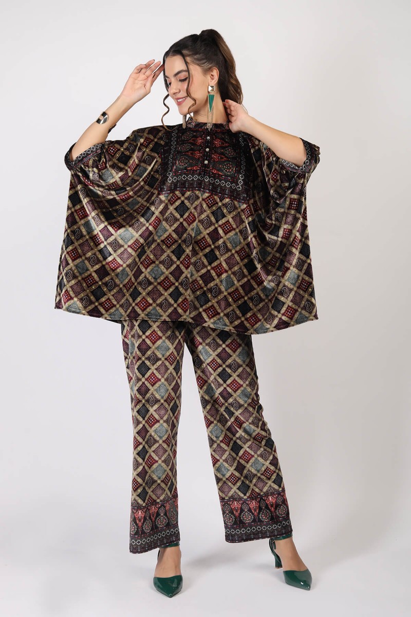 DIGITAL  PRINTED VELVET KAFTAN CO-ORD SET 