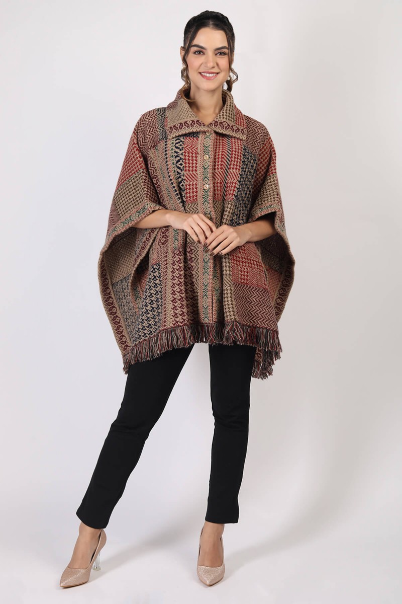 PLAID INTARSIA JACQUARD CAPE 