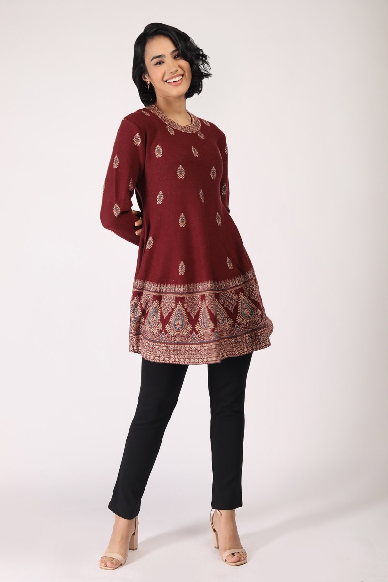 FIT AND FLARED ETHENIC JACQUARD TUNIC 