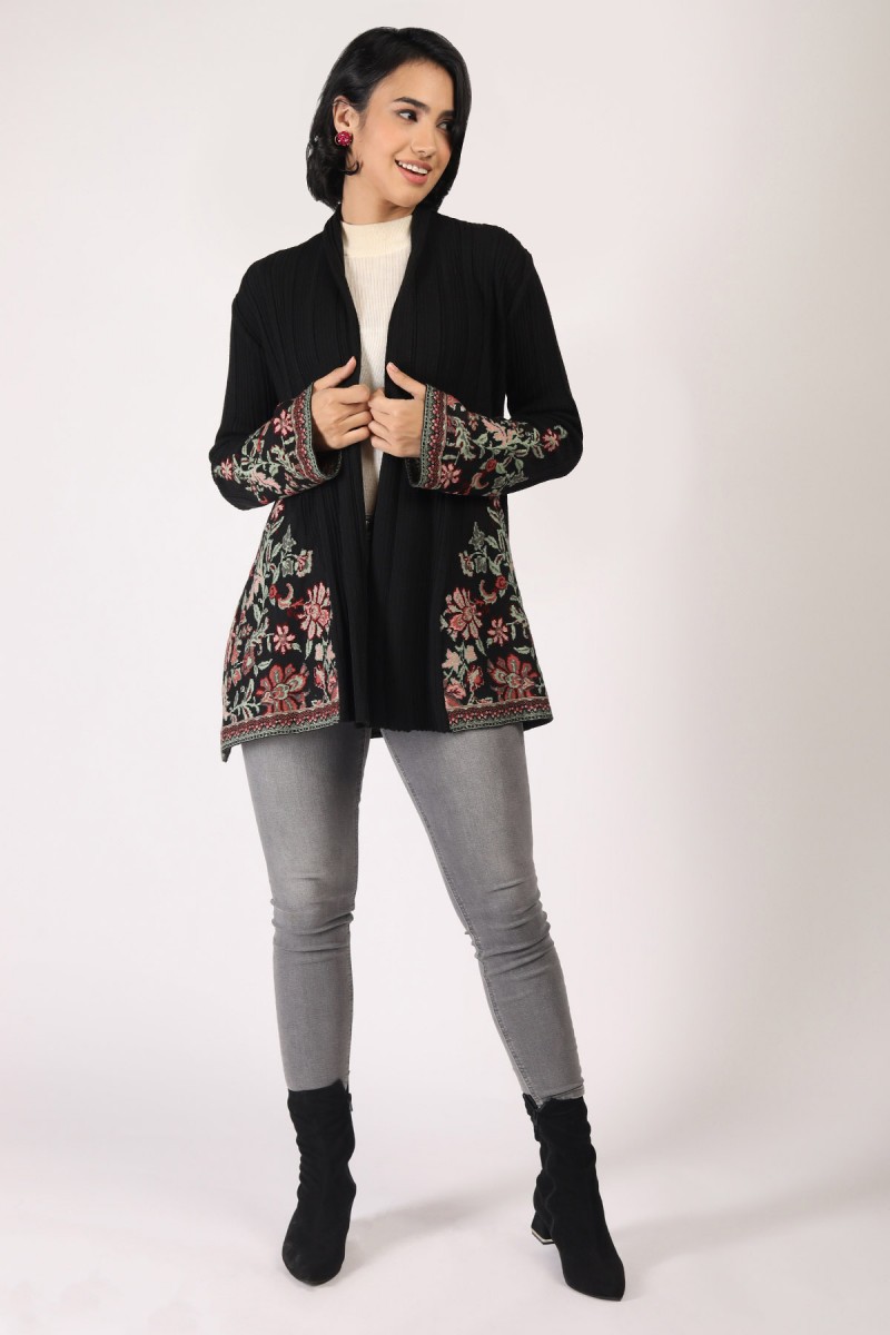 FLORAL INTARSIA OPEN CARDIGAN 