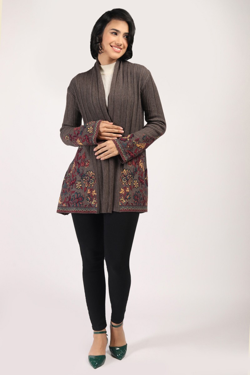 FLORAL INTARSIA OPEN CARDIGAN