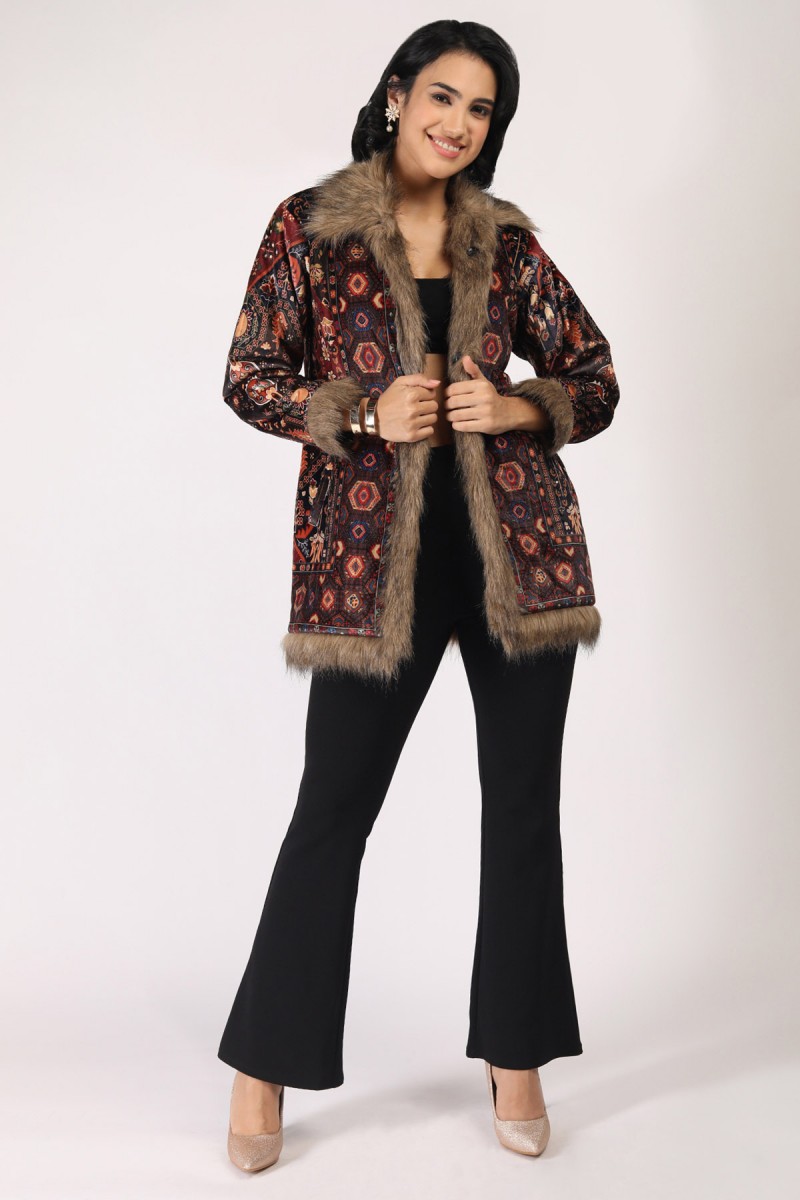 ETHNIC DIGITAL PRINTED VELVET FUR COLLARED JACKET