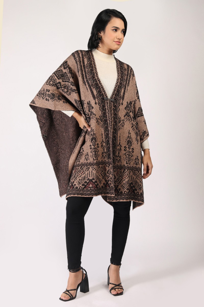 WEAVIING EFFECT JACQUARD KNITTED PONCHO 