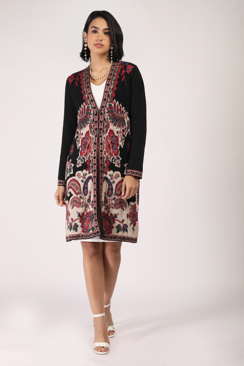 INTARSIA JACQUARD KNITTED LONG CARDIGAN 