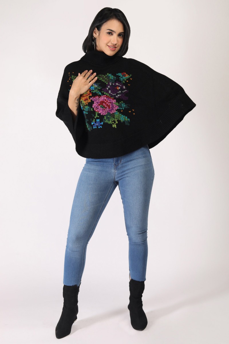 FLORAL HAND EMBROIDERED HIGH NECK KNITTED PONCHO 