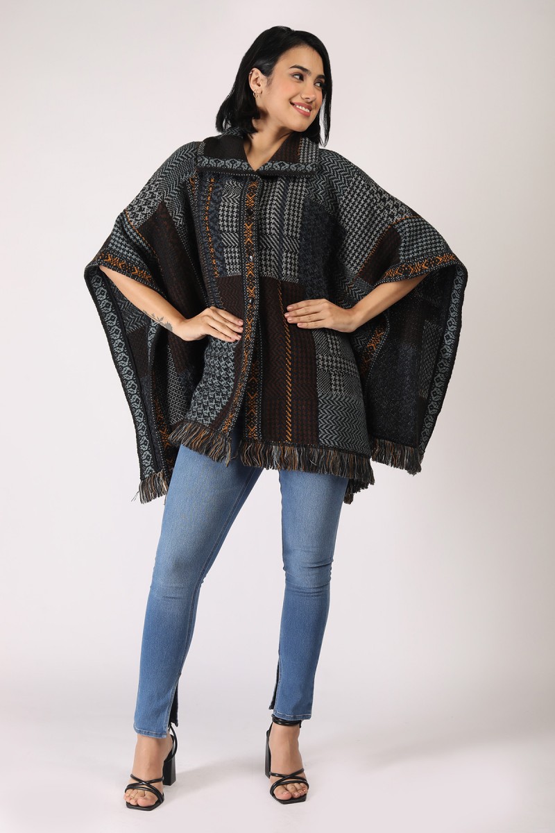 HOUNDS TOOTH COLLARED KNITTED FRONT OPEN CAPE 