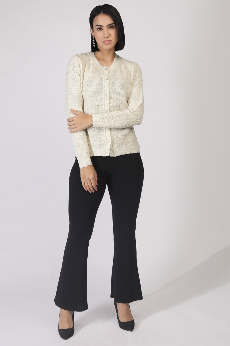 METALLIC POINTELLE KNITTED ROUND NECK CARDIGAN