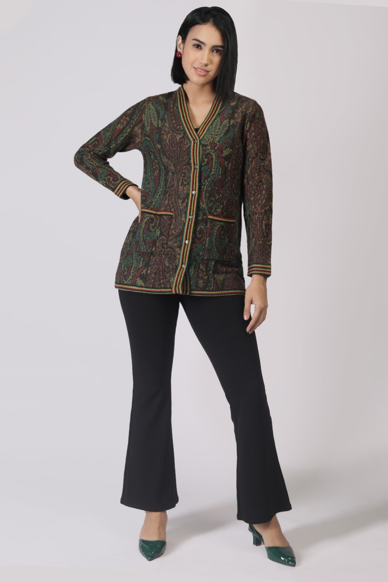 PAISLEY JACQUARD V NECK CARDIGAN