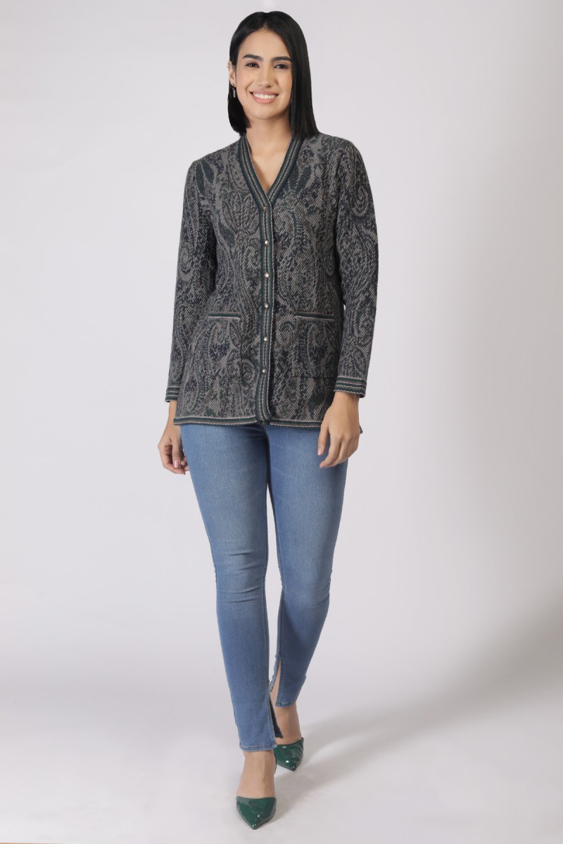 PAISLEY JACQUARD V NECK CARDIGAN