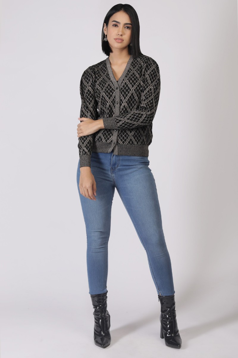 METALLIC ARGYLE V NECK CARDIGAN