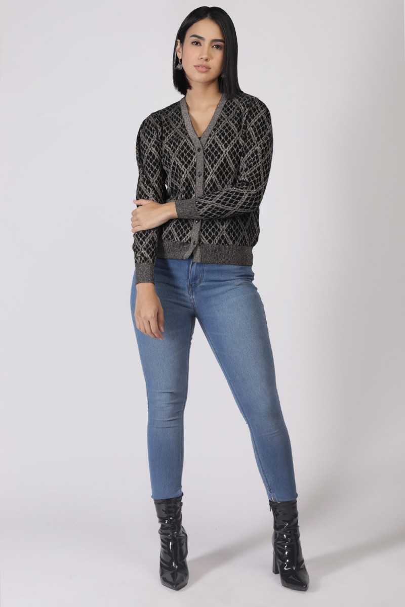 METALLIC ARGYLE V NECK CARDIGAN 