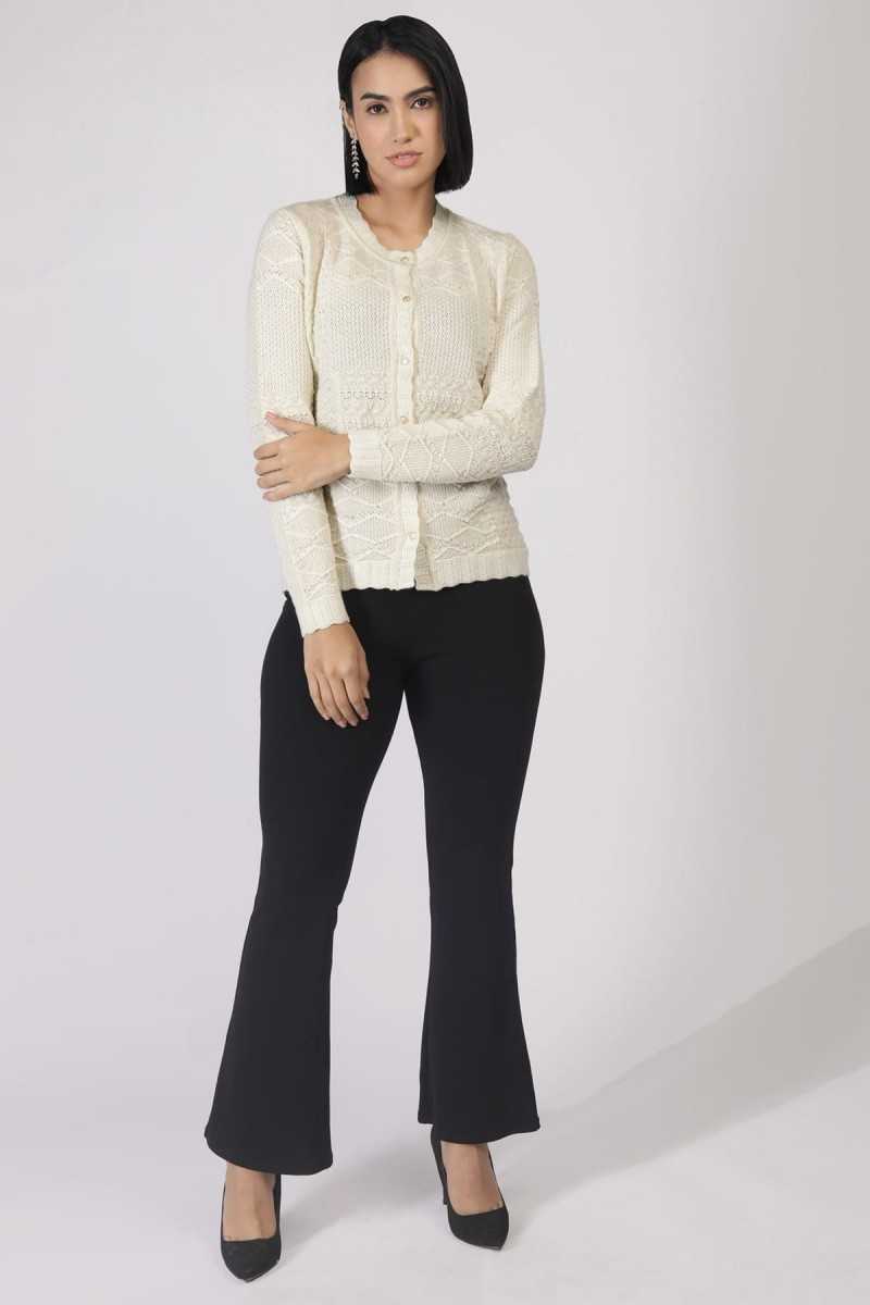 METALLIC POINTELLE KNITTED ROUND NECK CARDIGAN