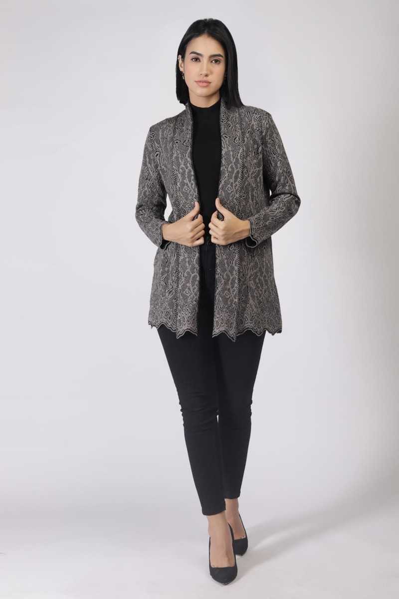 FLORAL LACE JAQUARD SHAWL COLLARED CARDIGAN 