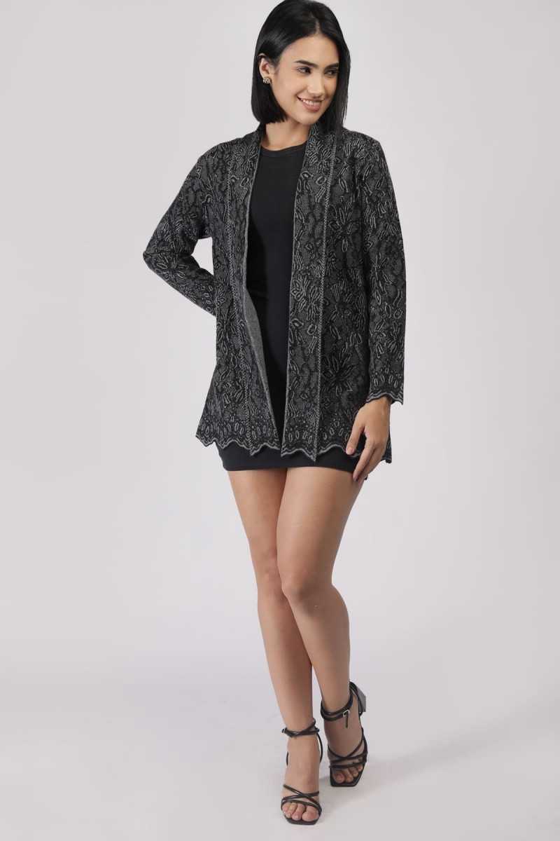 FLORAL LACE JAQUARD SHAWL COLLARED CARDIGAN