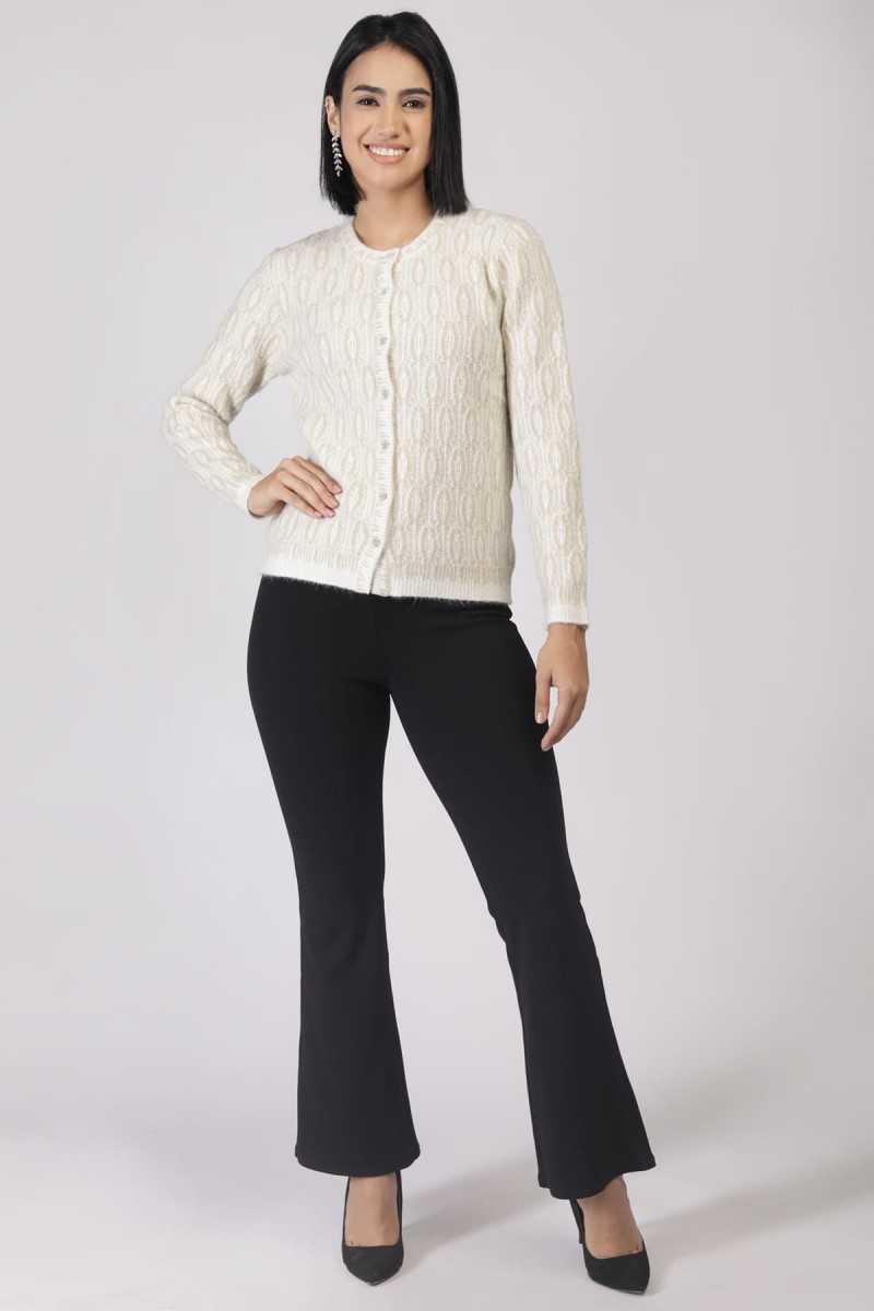 METALLIC JACQUARD ROUND NECK CARDIGAN 