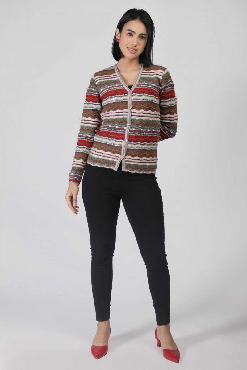 POINTELLE KNIT MULTICOLOR V NECK CARDIGAN